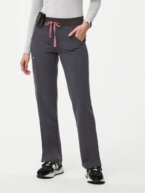 Size XXS-P Figs Women's Charcoal Track Pants with Pink Drawstring